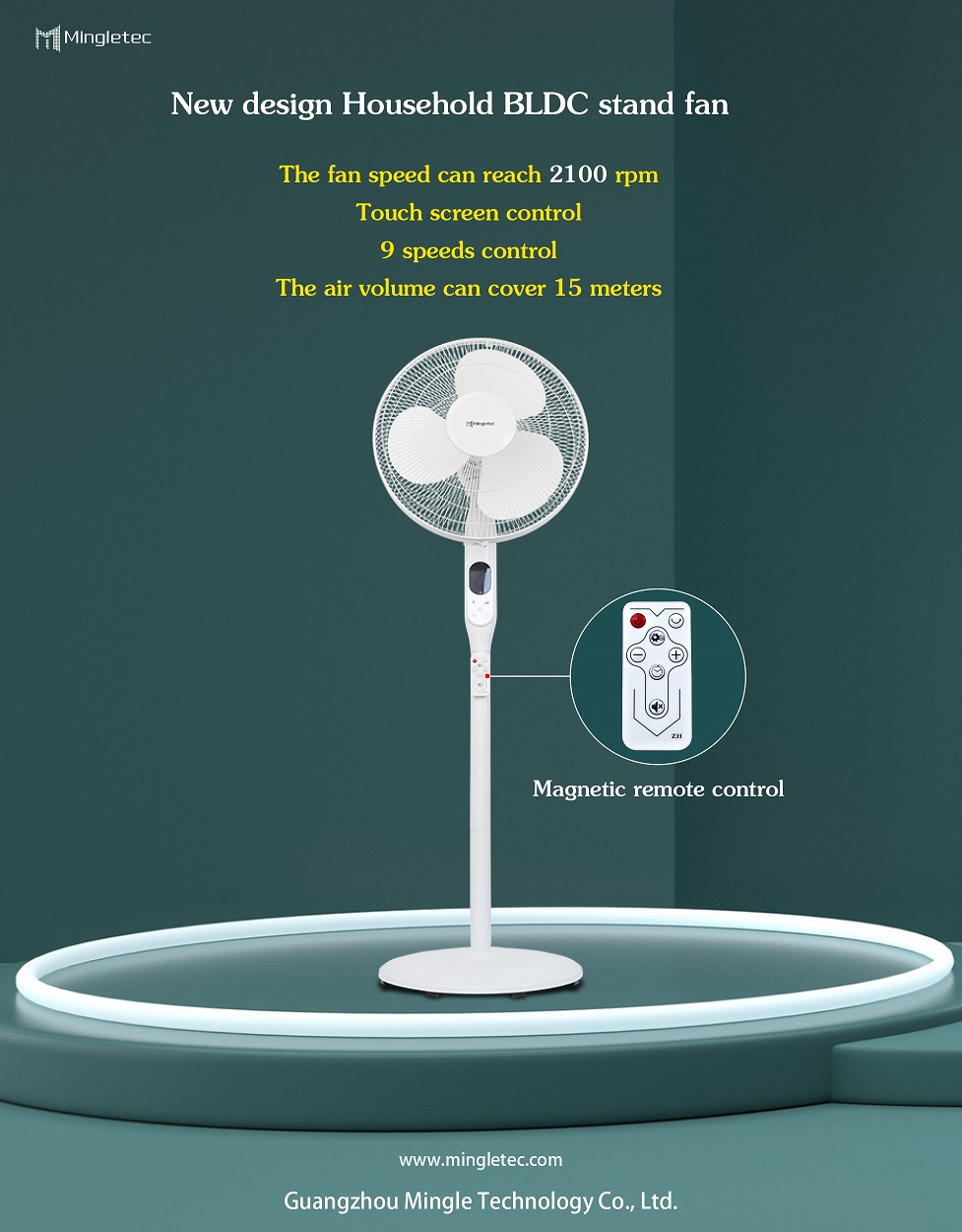 Ventilador de pie con motor CC sin escobillas de 16 pulgadas y 2100 rpm